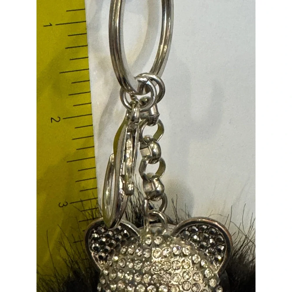 Black Faux Fur Pom Pom Bear Keychain Rhinestone Bag Charm Silver Tone Star Back